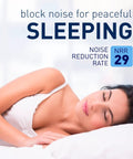 Woman sleeping peacefully with Ultimate Foam Ear Plugs For Sleep And Travel, 50 Pairs, NRR 29, New Formula, Reusable Noise Reduction.