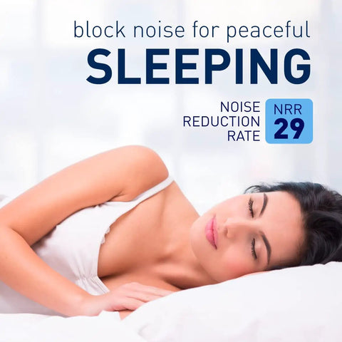 Woman sleeping peacefully with Ultimate Foam Ear Plugs For Sleep And Travel, 50 Pairs, NRR 29, New Formula, Reusable Noise Reduction.