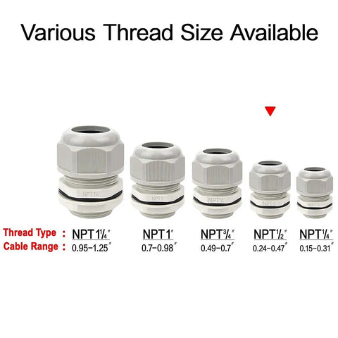 Five Pack NPT One Half Inch Cable Glands Waterproof And Adjustable For Cables And Wires From Six To Twelve Millimeter Grey Nylon