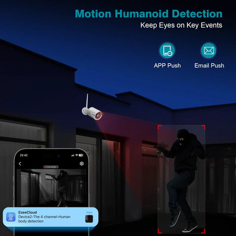 Motion detection feature of Expandable 10 Channel Wireless Security Camera System with alert notifications on smartphone