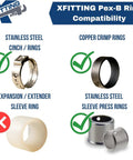 Xfitting Pex-B Ring compatibility chart with stainless steel cinch and sleeve press rings, copper crimp rings, and an expansion sleeve ring.