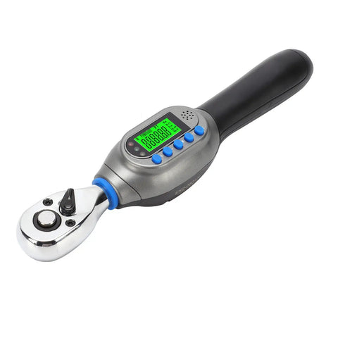Hot Digital Torque Wrench 3/8 Inch Electric Tool, Accurate Chrome Steel With Light Blue Backlit Display, ±2% Precision For Motorcycle And Bike Repair, Tightening Bolts With Ease. showing chrome drive and digital display.