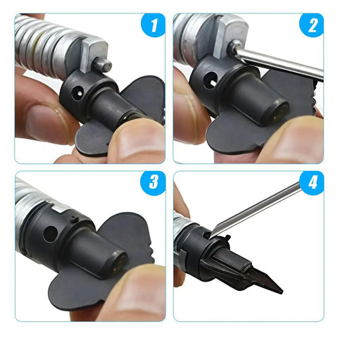Steps showing the Heavy Duty Electric Drain Cleaner Cutter Head Kit for stubborn clogs with manganese steel build.