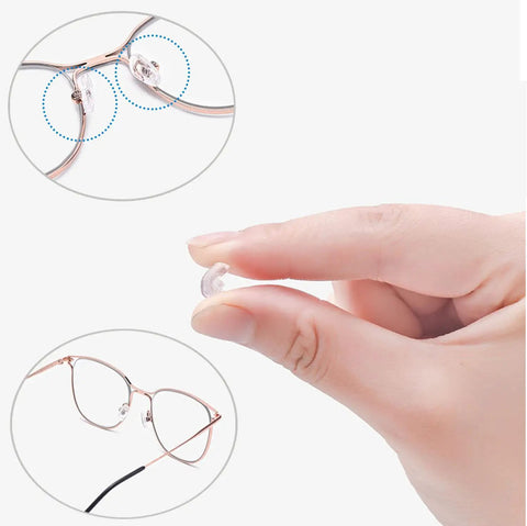 No Sweat Eyeglass Repair Kit With 18 Pairs Flexible Nose Pads demonstrated with pink frame glasses and replacement nose pad in hand.