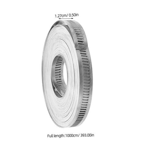 Heavy Duty Stainless Steel Hose Clamp Roll Kit With Cut To Fit Reusable Bands And Separable Design For Weatherproof Duct Venting Solutions That Kill Leaks And Handle Intense Mechanical Pressure Like A Boss. 1.27cm wide, 1000cm roll