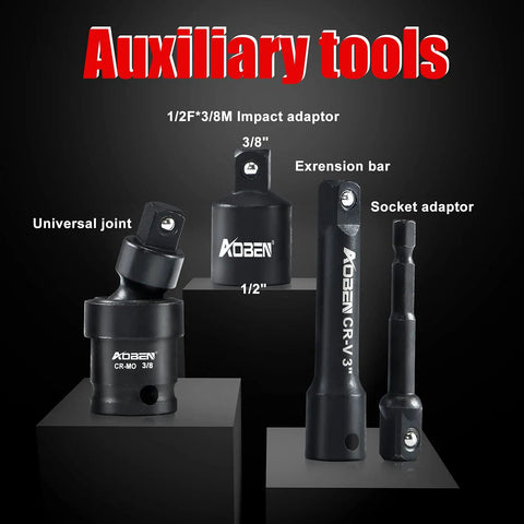 Beefed-Up Three Eighth Inch Drive Impact Socket Set with adapters, extension bar, and universal joint on display