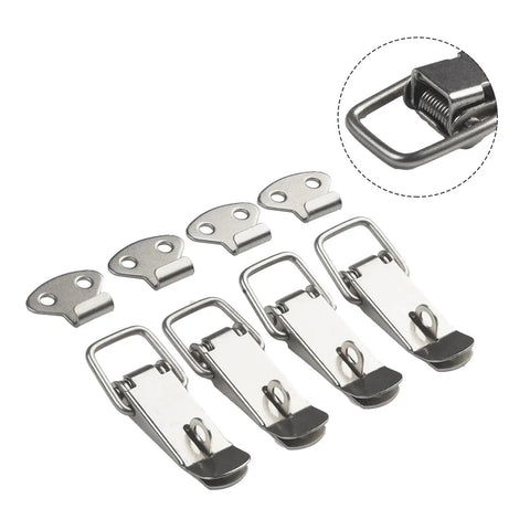 Tough As Nails Heavy Duty Stainless Steel Toggle Latch With Spring Loaded Duck Mouth Hasps Clamp For Wood Boxes Cabinets Drawers Chests Catch Durable Box Lock Hardware 4Pcs, four latches in a line with detailed inset of spring mechanism.