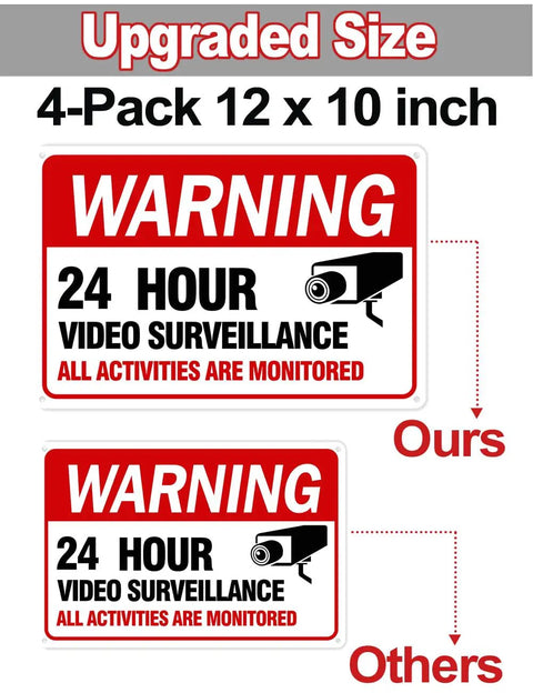 Comparison of upgraded 4-Pack 12 By 8 Security Camera Signs Reflective Waterproof Aluminum 24 Hour Surveillance Sign with old version.