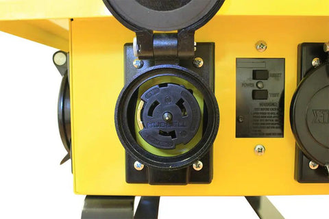 Close-up of Nema L5-20 receptacle on Pro Grade Job Site Power Distribution Workhorse with durable exterior.