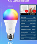 Lit Color Changing LED Bulb With Remote RGB 6 Modes Dimmable E26 Base, A19 bulb with dimensions and specifications on packaging.