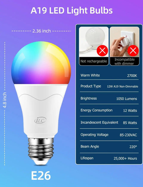 Lit Color Changing LED Bulb With Remote RGB 6 Modes Dimmable E26 Base, A19 bulb with dimensions and specifications on packaging.