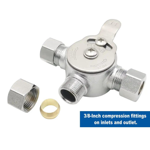 Mechanical Water Mixing Valve With Three Eighths Inch Compression Fittings On Inlet And Outlet, Brass Construction, kit parts displayed