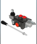 Front view of hydraulic flow control valve block for tractors/loaders with red port plugs and long lever.