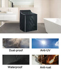 2 Pack Waterproof Washer And Dryer Covers For Front Load Machines With Zipper Design Easy To Use Dustproof Black 29 By 28 By 43 Inch 420D Oxford Fabric Protective Shield For Laundry Room in a bathroom setting showcasing dust-proof, waterproof, and anti-rust features.
