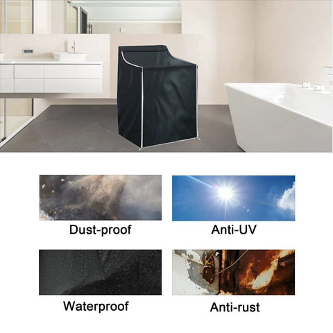 2 Pack Waterproof Washer And Dryer Covers For Front Load Machines With Zipper Design Easy To Use Dustproof Black 29 By 28 By 43 Inch 420D Oxford Fabric Protective Shield For Laundry Room in a bathroom setting showcasing dust-proof, waterproof, and anti-rust features.