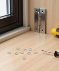 Heavy Duty Steel Split Lock Washers Stainless M6 Fastener Hardware 300 Pack on workbench with screwdriver and hinge.