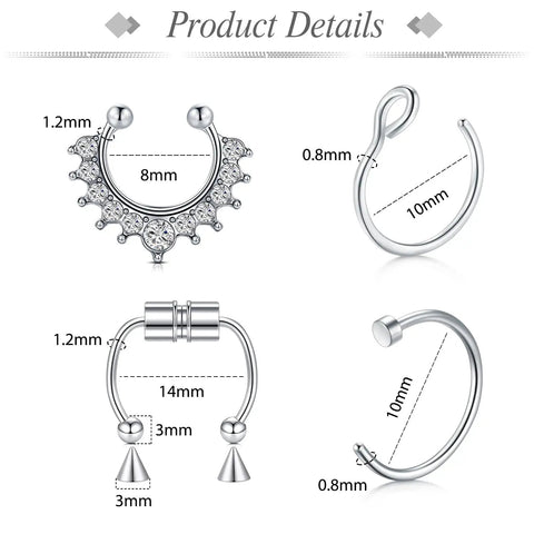 Fake Piercing Jewelry Kit With Replacement Balls And Stickers 159Pcs For Lip Labret Studs Nose Rings Septum And Hoops Includes 50 Replacement Balls 100 Stickers 6 Fake Nose Rings 3 Fake Septum 3 4 5mm, silver details