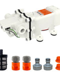 12V Diaphragm Water Pump with Self Priming Booster Delivers 3 GPM at 65 PSI, includes hose connectors, one half inch inlet and outlet.