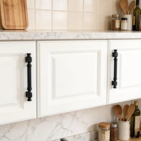 10 Pack 5 Inch Black Cabinet Drawer Pulls Zinc Alloy 128mm Kitchen Dresser Handles installed on white cabinet doors
