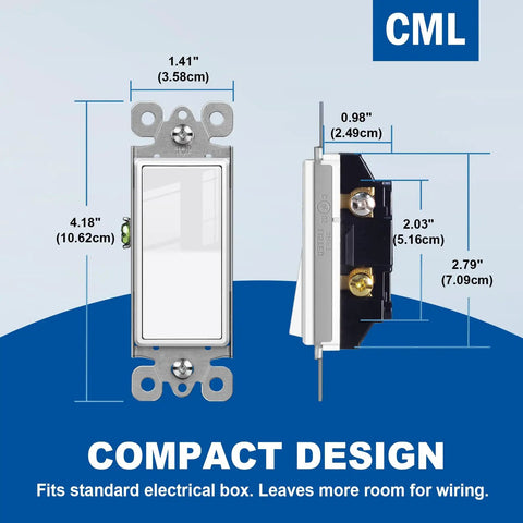 Dimensions of Single Pole Decorator Light Switches 20 Pack Rocker Paddle Wall Switches 15A 120/277V On Off Interrupter UL Listed.