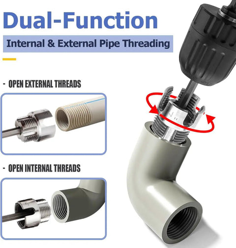 Pro Grade PVC Pipe Threader Kit With Step Drill Bit Seven Piece Set showing dual-function internal and external threading