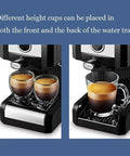 Compact Latte Machine With 20 Bar Espresso Semi Automatic Milk Frother Steam Wand 1250W showing dual cup placement on water tray