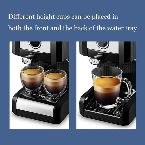 Compact Latte Machine With 20 Bar Espresso Semi Automatic Milk Frother Steam Wand 1250W showing dual cup placement on water tray