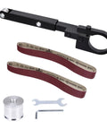 Killer Angle Grinder Belt Sander Conversion Kit For Metal And Wood Working, includes adjustable parts, sanding belts, and tools.