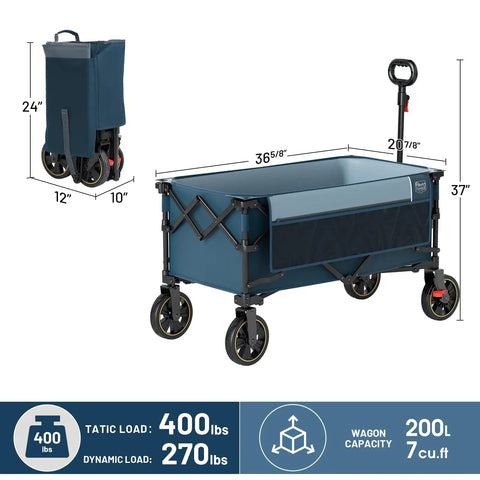 Heavy Duty Collapsible Wagon Cart With Brakes 200L Large Capacity Folding Utility Wagon dimensions and folded view