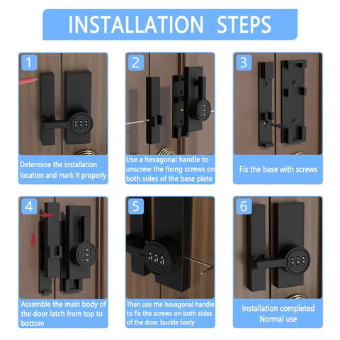 Installation steps for Keyless 3 Digit Mechanical Password Lock For Cabinets And Barn Doors 180 Degree Flip Latch.