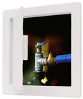 Zero Stress Installation Removable Plastic Access Panel With Frame Built Right For Six By Nine Inch Openings Fits Drywall Ceilings Smoothly, revealing plumbing pipes.