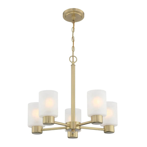Five Light Indoor Chandelier in Champagne Brass Finish with Frosted Glass for Dining Room Kitchen or Foyer Sloped Ceiling Mount Totally Chic Centerpiece with 36 Inch Chain and 60 Inch Cord