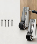 Badass Heavy Duty Vertical Track Roller Wheel For Barn Doors And Drawers Featuring Rock Solid Rubber Casters Quiet Anti Sag Guide and Steel Core that Moves Smooth as Butter with Total Ease and Zero Fuss. Metal frame and rubber wheels on a wooden cabinet.