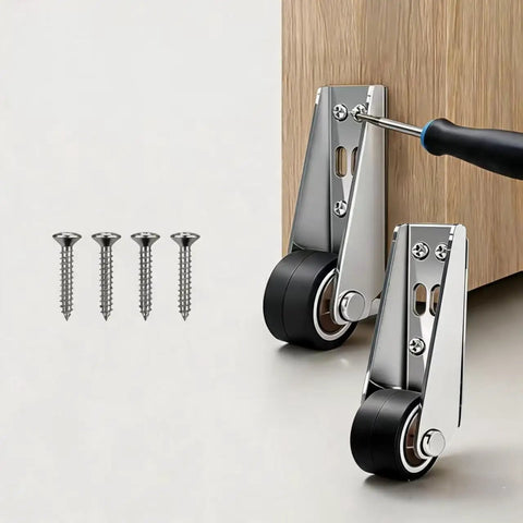 Badass Heavy Duty Vertical Track Roller Wheel For Barn Doors And Drawers Featuring Rock Solid Rubber Casters Quiet Anti Sag Guide and Steel Core that Moves Smooth as Butter with Total Ease and Zero Fuss. Metal frame and rubber wheels on a wooden cabinet.