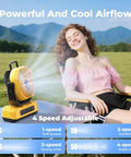 30,000mAh Portable Camping Fan With RGB Lantern Rechargeable Battery Oscillating Air 4 Speed Settings in use outdoors.