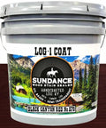 Premium One Coat Wood Stain Sealer For Log Homes In Black Canyon Red in a 5-gallon bucket showcasing scenic label.