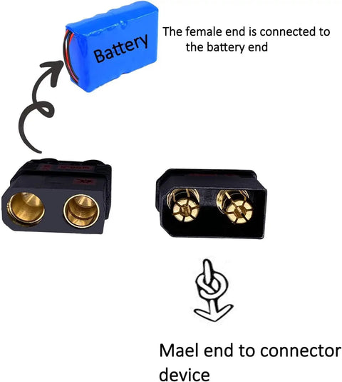 Qs8 Anti Spark High Current Connector Set for RC toys, showing male and female sockets with wiring instructions.