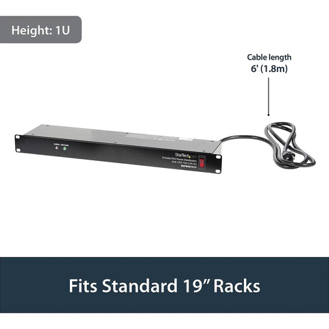 8 Outlet 1U Rack Mount PDU Power Strip With 6 Foot Cord 120V 15A Surge Protected For Network And Server Racks Horizontal 19 Inch Mount Must Have Cable Management Durable Plug And Play Accessory. 1U rack PDU with 6 ft cord for 19-inch server racks