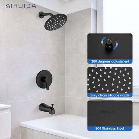 Solid Wall Mount Shower Faucet Set With Heavy Duty 6 Inch Rainfall Head And Smooth Tub Spout In Sharp Matte Black For Reliable Bathroom Overhauls And Killer Water Flow