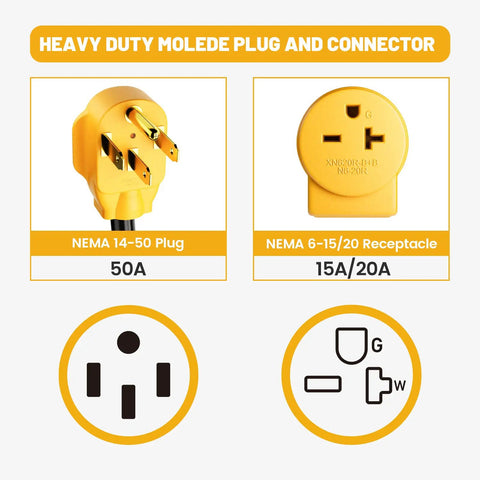 Heavy Duty Nema 14 50P To Nema 6 20R Ev Charging Adapter For Tesla Vehicles With Integrated Surge Protector Breaker showing plug and connector.