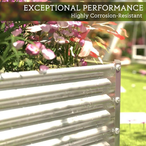 Side view of Three Piece Tall Galvanized Raised Garden Bed Set For Outdoor Vegetable And Flower Gardening Built To Last Heavy Duty Steel Raised Bed Box Above Ground Weatherproof Durable Wavy Design Four By Two Feet, flowers visible above.