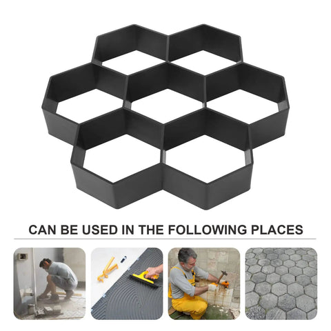 Hexagon Stepping Stone Paver Molds Three Pack Concrete Forms for DIY Walkway shown in use for garden path creation.