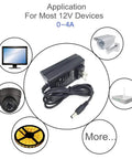 48W 12V 4A AC To DC Wall Adapter With 5.5mm x 2.1mm Female Plug shown with compatible 12V devices like LED strips, cameras, routers.