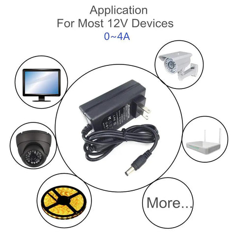 48W 12V 4A AC To DC Wall Adapter With 5.5mm x 2.1mm Female Plug shown with compatible 12V devices like LED strips, cameras, routers.
