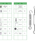 Vinyl Coated One Eighth Inch 304 Stainless Steel Wire Rope Kit components with 100 feet cable, turnbuckles, and accessories chart