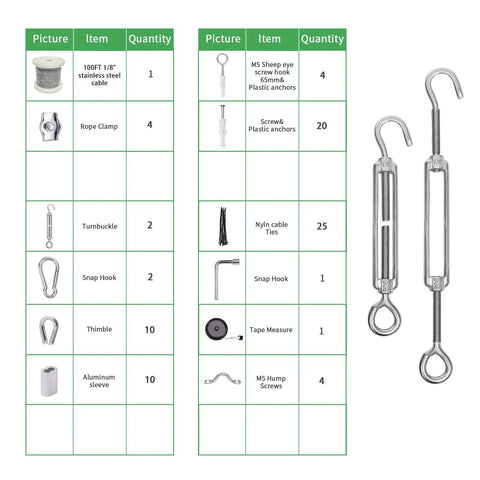 Vinyl Coated One Eighth Inch 304 Stainless Steel Wire Rope Kit components with 100 feet cable, turnbuckles, and accessories chart