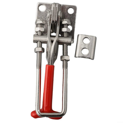 Heavy Duty Stainless Steel Toggle Latch With Self Locking Clamp For Secure Panel And Lid Fastening Holds Up To 440 Pounds Load In One Hand, red handle