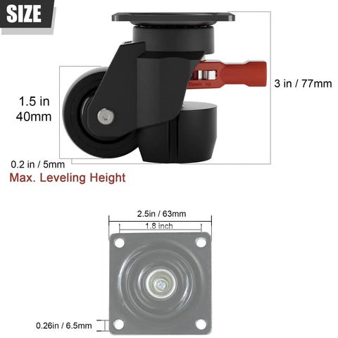 Heavy Duty Leveling Caster Wheels Set Of Four Premium Nylon Rollers Built Like A Tank Rock Solid Stability No Sweat Glide Adjustable Mounts dimensions measuring 1.5 in height.