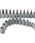 34 Piece Socket Set With Chrome Vanadium Star Sockets And E Security Bits For Auto Repair, 1/4 Inch And 3/8 Inch Drive Tool Kit