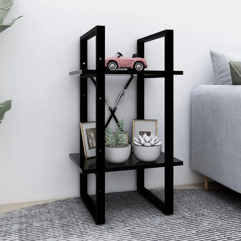 Two Tier Black Book Cabinet For Home Or Office Engineered Wood Storage Shelf with decor on two shelves.